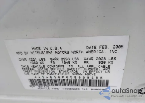 2005 Mitsubishi Galant Es/Se из США, поврежденный, VIN 4A3AB36F65E050355